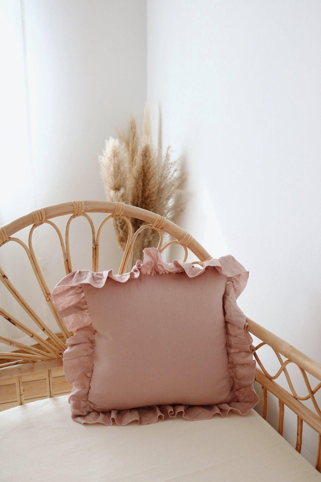 “Powder Pink Frill” Linen Pillow Cover with Frill