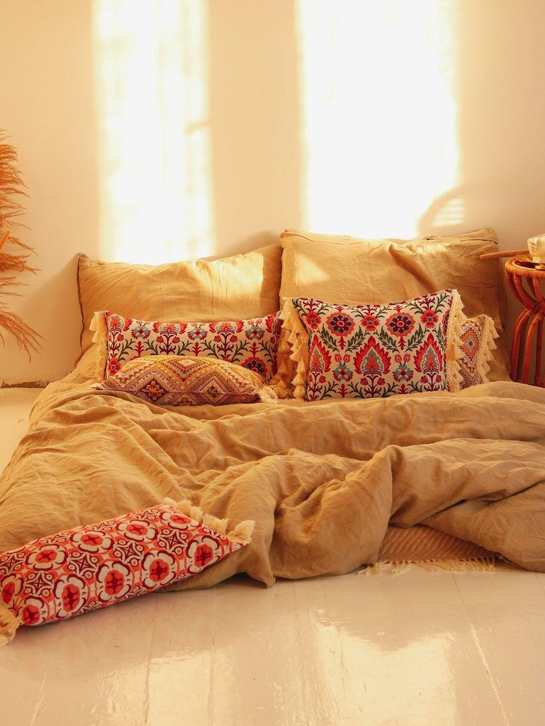 "Scarlet Iris in Cancaya" bolster with fringe - Moi Mili