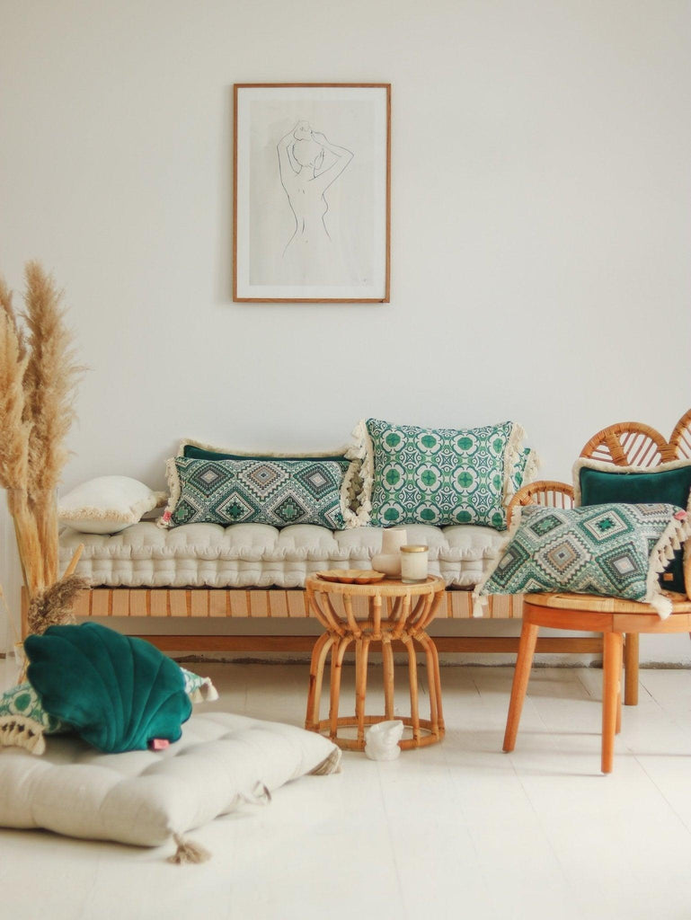 "Sea green mosaic" bolster with fringe - Moi Mili