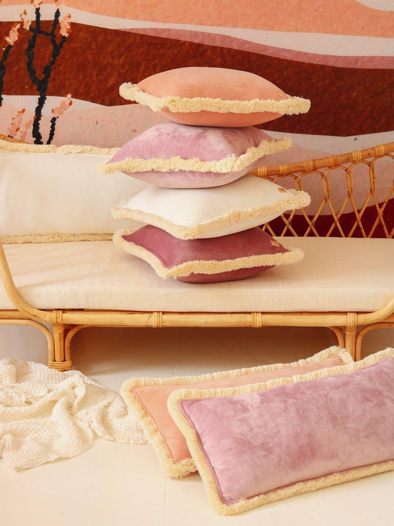 "White" soft velvet cushion with fringe - Moi Mili